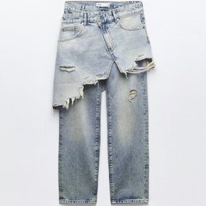 Zara Light Blue Distressed Straight Leg Jeans